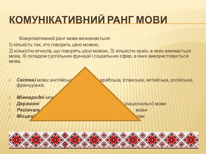 КОМУНІКАТИВНИЙ РАНГ МОВИ Комунікативний ранг мови визначається: 1) кількість тих, хто говорить