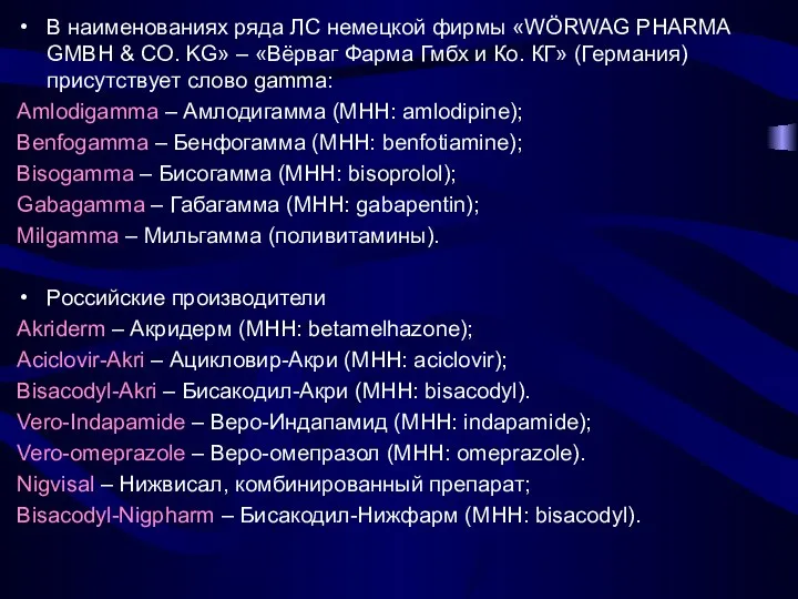 В наименованиях ряда ЛС немецкой фирмы «WÖRWAG PHARMA GMBH & CO. KG»