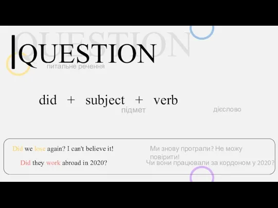 QUESTION QUESTION питальне речення підмет Did we lose again? I can't believe