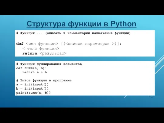 Структура функции в Python # Функция ... (описать в комментарии назначение функции)