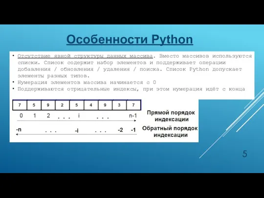 Особенности Python Отсутствие явной структуры данных массива. Вместо массивов используются списки. Список