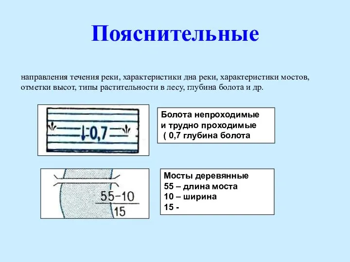 Пояснительные направления течения реки, характеристики дна реки, характеристики мостов, отметки высот, типы