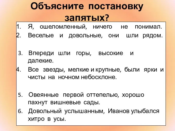 Объясните постановку запятых? Я, ошеломленный, ничего не понимал. Веселые и довольные, они