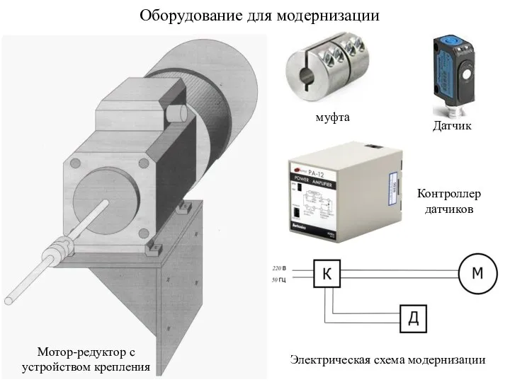 Оборудование для модернизации муфта Контроллер датчиков Мотор-редуктор с устройством крепления Электрическая схема модернизации Датчик