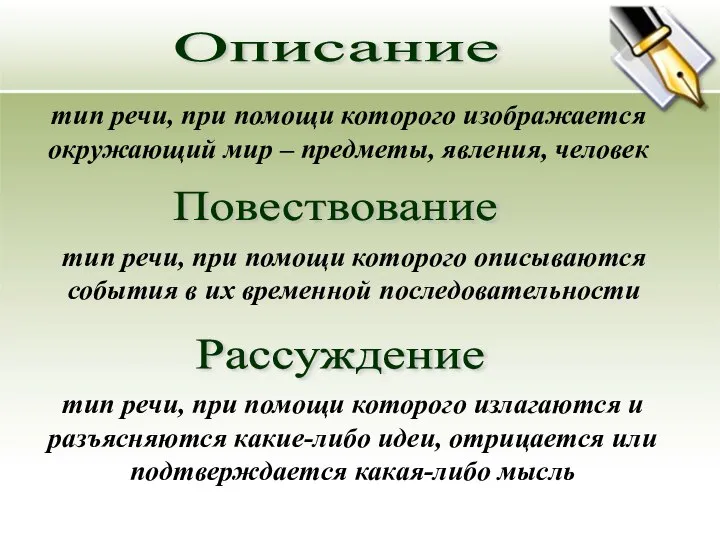 Описание тип речи, при помощи которого изображается окружающий мир – предметы, явления,