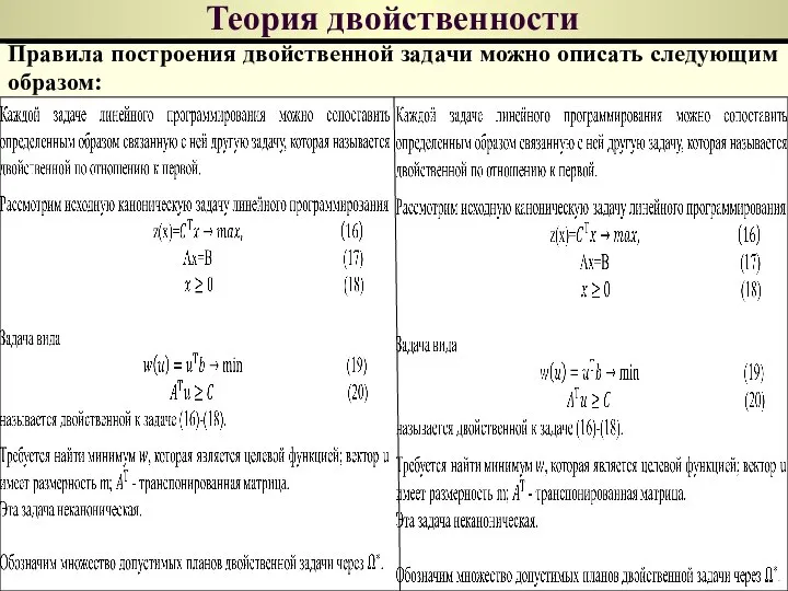 Теория двойственности Правила построения двойственной задачи можно описать следующим образом: