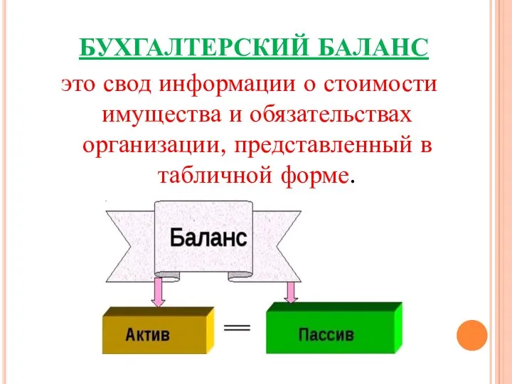 БУХГАЛТЕРСКИЙ БАЛАНС это свод информации о стоимости имущества и обязательствах организации, представленный в табличной форме.