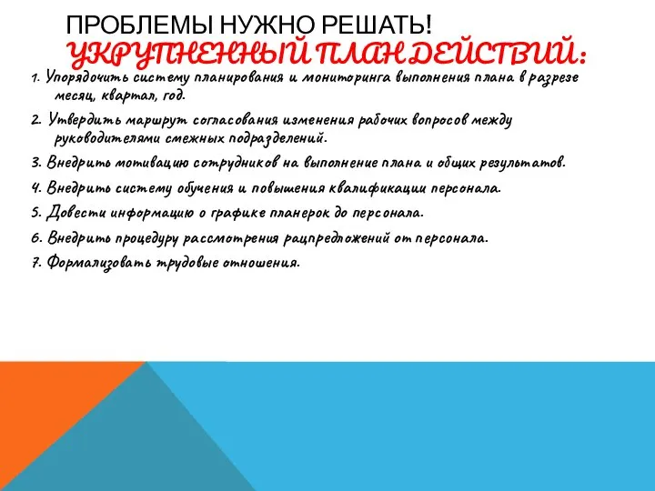 ПРОБЛЕМЫ НУЖНО РЕШАТЬ! УКРУПНЕННЫЙ ПЛАН ДЕЙСТВИЙ: 1. Упорядочить систему планирования и мониторинга