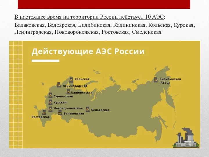 В настоящее время на территории России действует 10 АЭС: Балаковская, Белоярская, Билибинская,