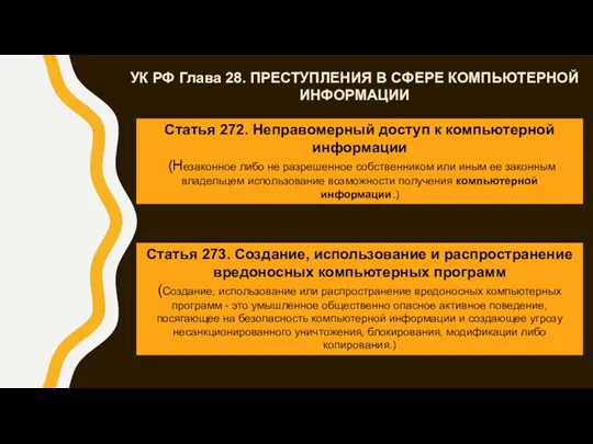 УК РФ Глава 28. ПРЕСТУПЛЕНИЯ В СФЕРЕ КОМПЬЮТЕРНОЙ ИНФОРМАЦИИ Статья 273. Создание,