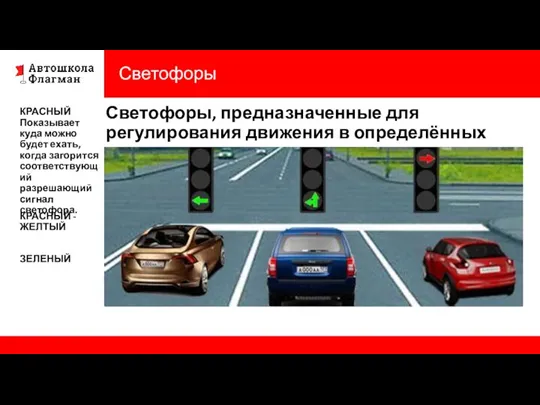 Светофоры Светофоры, предназначенные для регулирования движения в определённых направлениях. КРАСНЫЙ Показывает куда