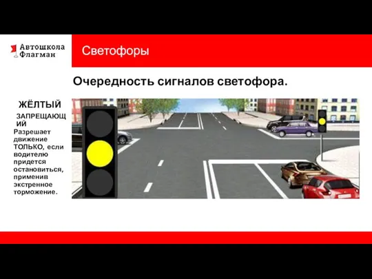 Светофоры Очередность сигналов светофора. ЖЁЛТЫЙ Разрешает движение ТОЛЬКО, если водителю придется остановиться, применив экстренное торможение. ЗАПРЕЩАЮЩИЙ