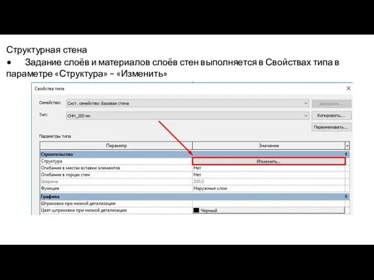 Структурная стена • Задание слоёв и материалов слоёв стен выполняется в Свойствах