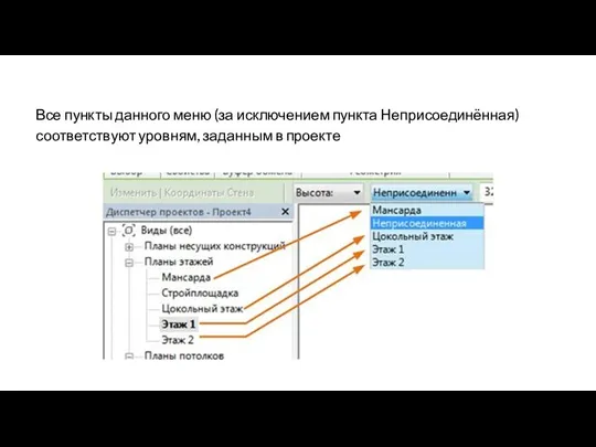 Все пункты данного меню (за исключением пункта Неприсоединённая) соответствуют уровням, заданным в проекте