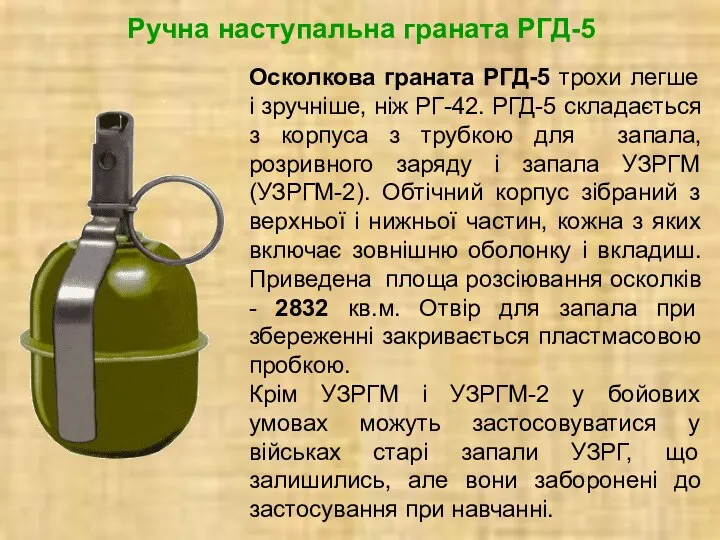 Ручна наступальна граната РГД-5 Осколкова граната РГД-5 трохи легше і зручніше, ніж