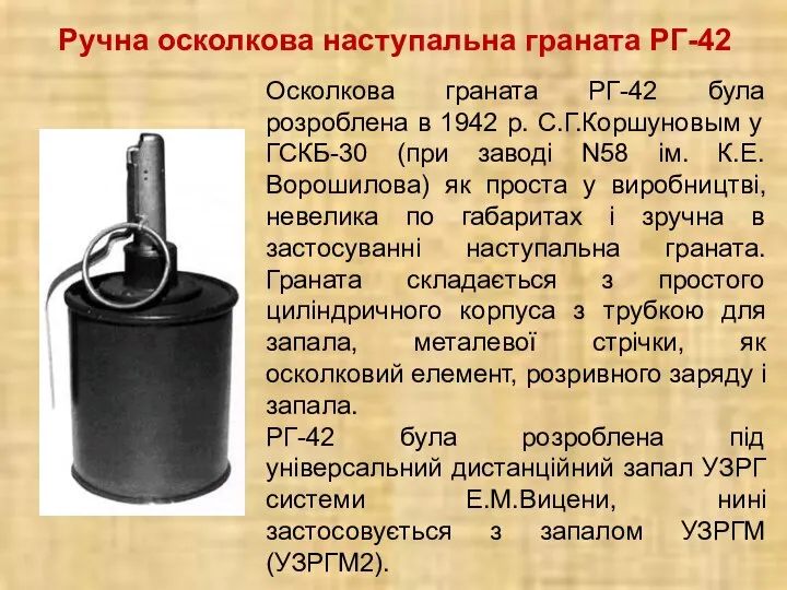 Ручна осколкова наступальна граната РГ-42 Осколкова граната РГ-42 була розроблена в 1942