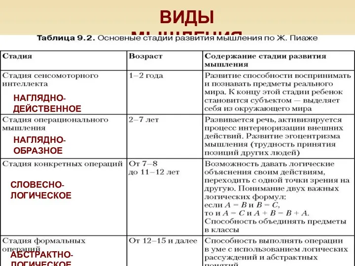 ВИДЫ МЫШЛЕНИЯ НАГЛЯДНО-ДЕЙСТВЕННОЕ НАГЛЯДНО-ОБРАЗНОЕ СЛОВЕСНО-ЛОГИЧЕСКОЕ АБСТРАКТНО-ЛОГИЧЕСКОЕ