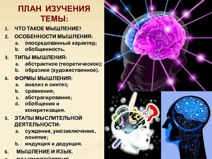 ПЛАН ИЗУЧЕНИЯ ТЕМЫ: ЧТО ТАКОЕ МЫШЛЕНИЕ? ОСОБЕННОСТИ МЫШЛЕНИЯ: опосредованный характер; обобщенность. ТИПЫ