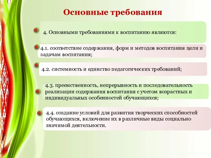 Основные требования 4. Основными требованиями к воспитанию являются: 4.1. соответствие содержания, форм