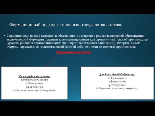 Формационный подход к типологии государства и права. Формационный подход основан на объединении