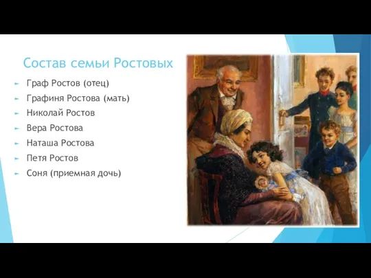 Состав семьи Ростовых Граф Ростов (отец) Графиня Ростова (мать) Николай Ростов Вера