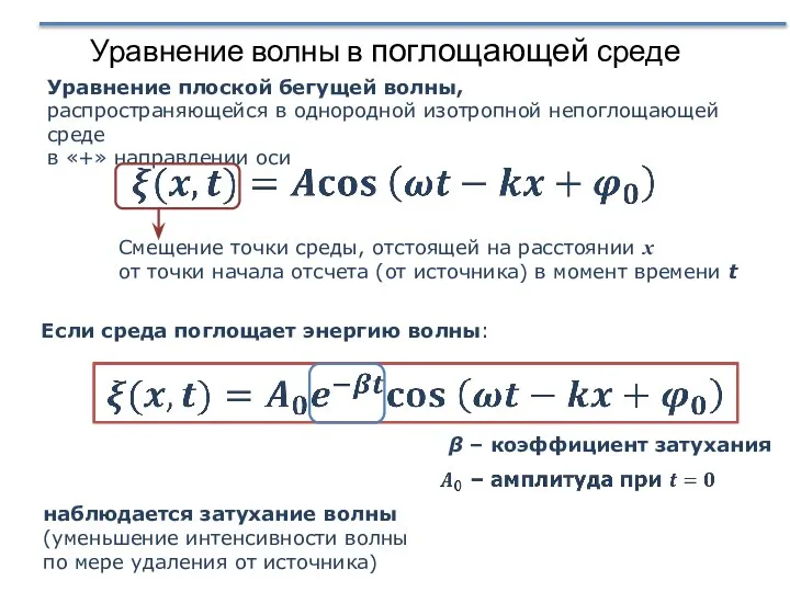 Уравнение волны в поглощающей среде Уравнение плоской бегущей волны, распространяющейся в однородной