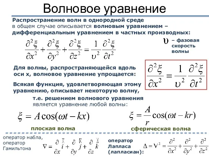 Волновое уравнение Распространение волн в однородной среде в общем случае описывается волновым