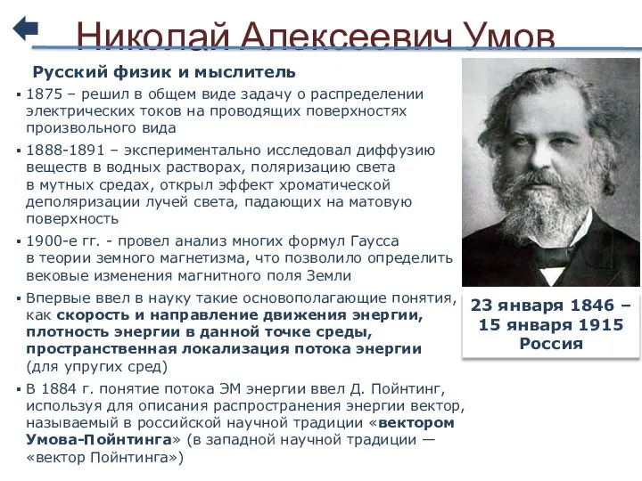 Николай Алексеевич Умов 23 января 1846 – 15 января 1915 Россия Русский