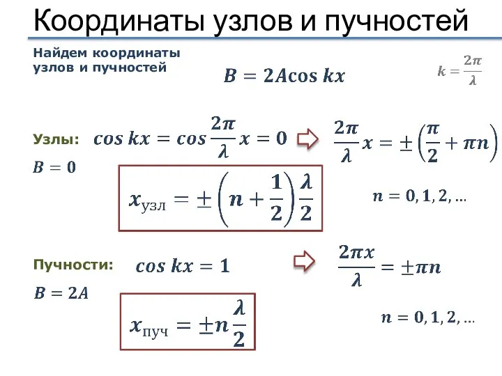 Координаты узлов и пучностей Найдем координаты узлов и пучностей Узлы: Пучности: