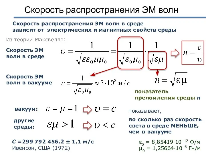 Скорость распространения ЭМ волн Скорость распространения ЭМ волн в среде зависит от