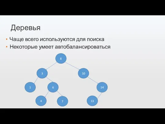 Деревья Чаще всего используются для поиска Некоторые умеет автобалансироваться 8 3 1