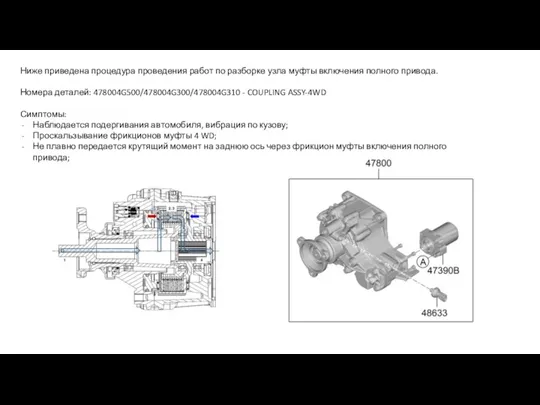 Ниже приведена процедура проведения работ по разборке узла муфты включения полного привода.