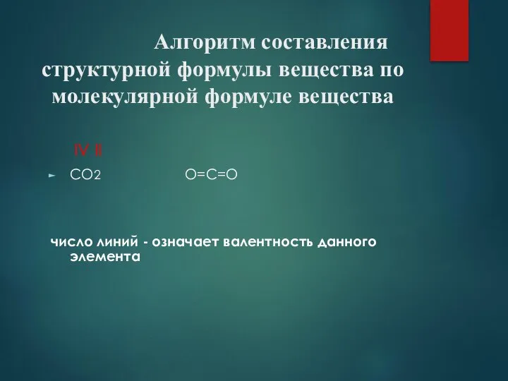 Алгоритм составления структурной формулы вещества по молекулярной формуле вещества IV II CO2