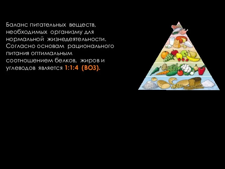 Баланс питательных веществ, необходимых организму для нормальной жизнедеятельности. Согласно основам рационального питания