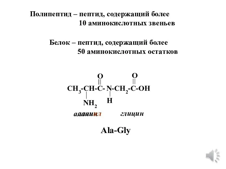 Полипептид – пептид, содержащий более 10 аминокислотных звеньев Белок – пептид, содержащий