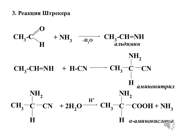 3. Реакция Штрекера CH3-C O H + NH3 СH3-CH=NH СH3-CH=NH + H-CN