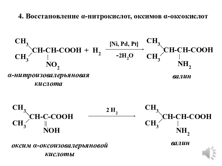 4. Восстановление α-нитрокислот, оксимов α-оксокислот СН3 СН3 СН-СН-СООН + Н2 [Ni, Pd,
