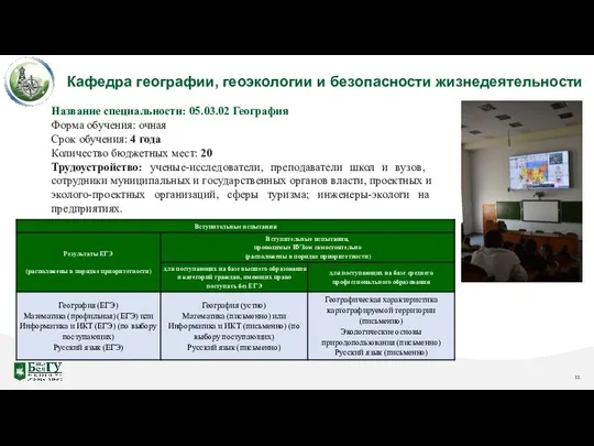 Название специальности: 05.03.02 География Форма обучения: очная Срок обучения: 4 года Количество