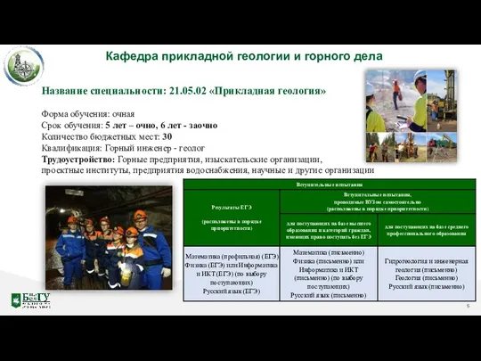 Кафедра прикладной геологии и горного дела Название специальности: 21.05.02 «Прикладная геология» Форма