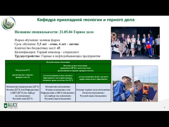 Кафедра прикладной геологии и горного дела Название специальности: 21.05.04 Горное дело Форма