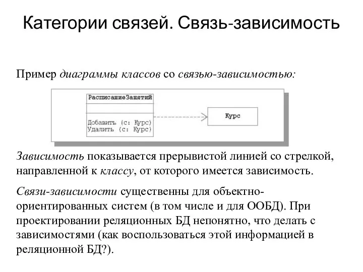 Категории связей. Связь-зависимость Пример диаграммы классов со связью-зависимостью: Зависимость показывается прерывистой линией