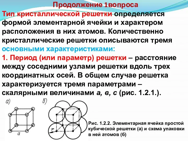 Продолжение 1вопроса Тип кристаллической решетки определяется формой элементарной ячейки и характером расположения