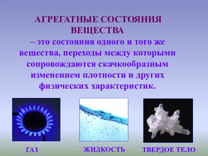 АГРЕГАТНЫЕ СОСТОЯНИЯ ВЕЩЕСТВА – это состояния одного и того же вещества, переходы