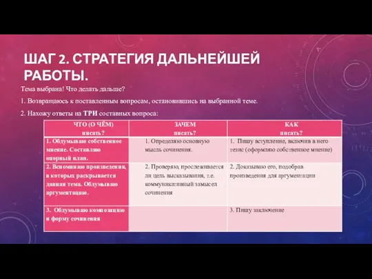 ШАГ 2. СТРАТЕГИЯ ДАЛЬНЕЙШЕЙ РАБОТЫ. Тема выбрана! Что делать дальше? 1. Возвращаюсь