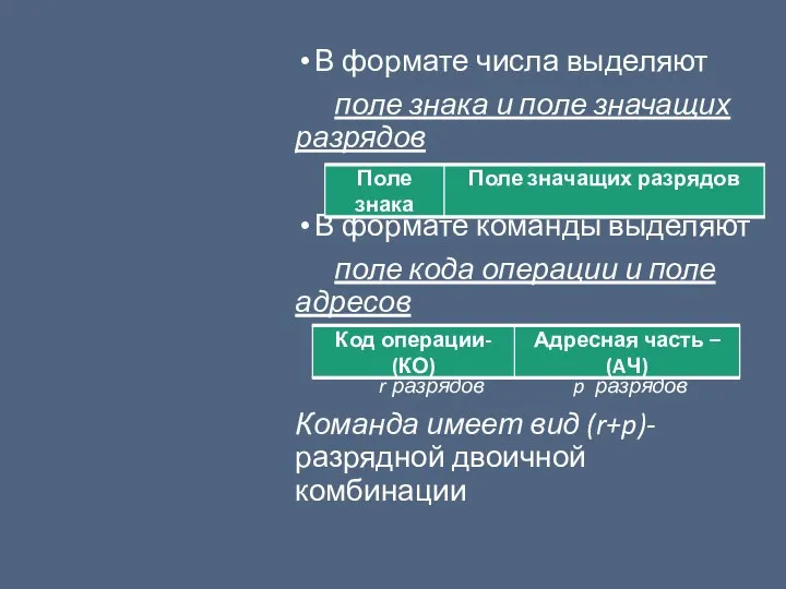 В формате числа выделяют поле знака и поле значащих разрядов В формате