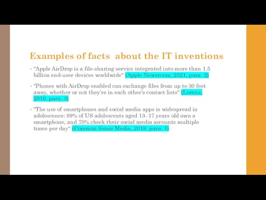Examples of facts about the IT inventions "Apple AirDrop is a file-sharing