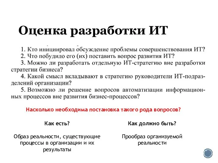 Оценка разработки ИТ Насколько необходима постановка такого рода вопросов? Как есть? Образ