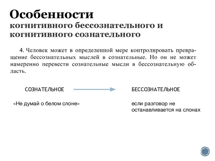 Особенности когнитивного бессознательного и когнитивного сознательного «Не думай о белом слоне» СОЗНАТЕЛЬНОЕ