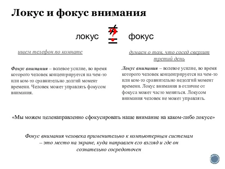 Локус и фокус внимания Локус внимания – волевое усилие, во время которого