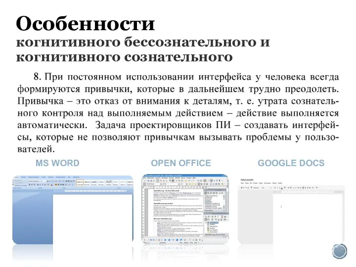 Особенности когнитивного бессознательного и когнитивного сознательного MS WORD OPEN OFFICE GOOGLE DOCS